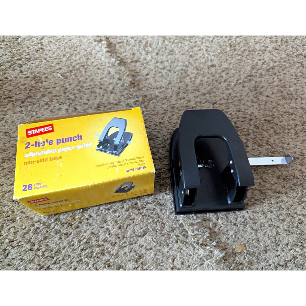 Staples 2-Hole Punch 28 Sheet Black Adjustable Guide Metal Office